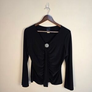 j.t.b. Ruched Brooch Top Women Medium Black V-Neck Flare Sleeve 3-ITY-2518